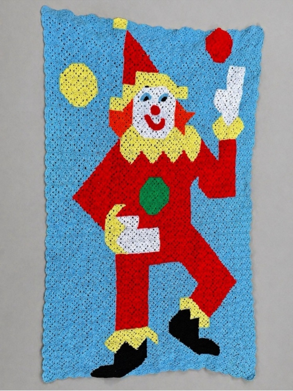 Vintage clown crochet afghan blanket 90”x56”